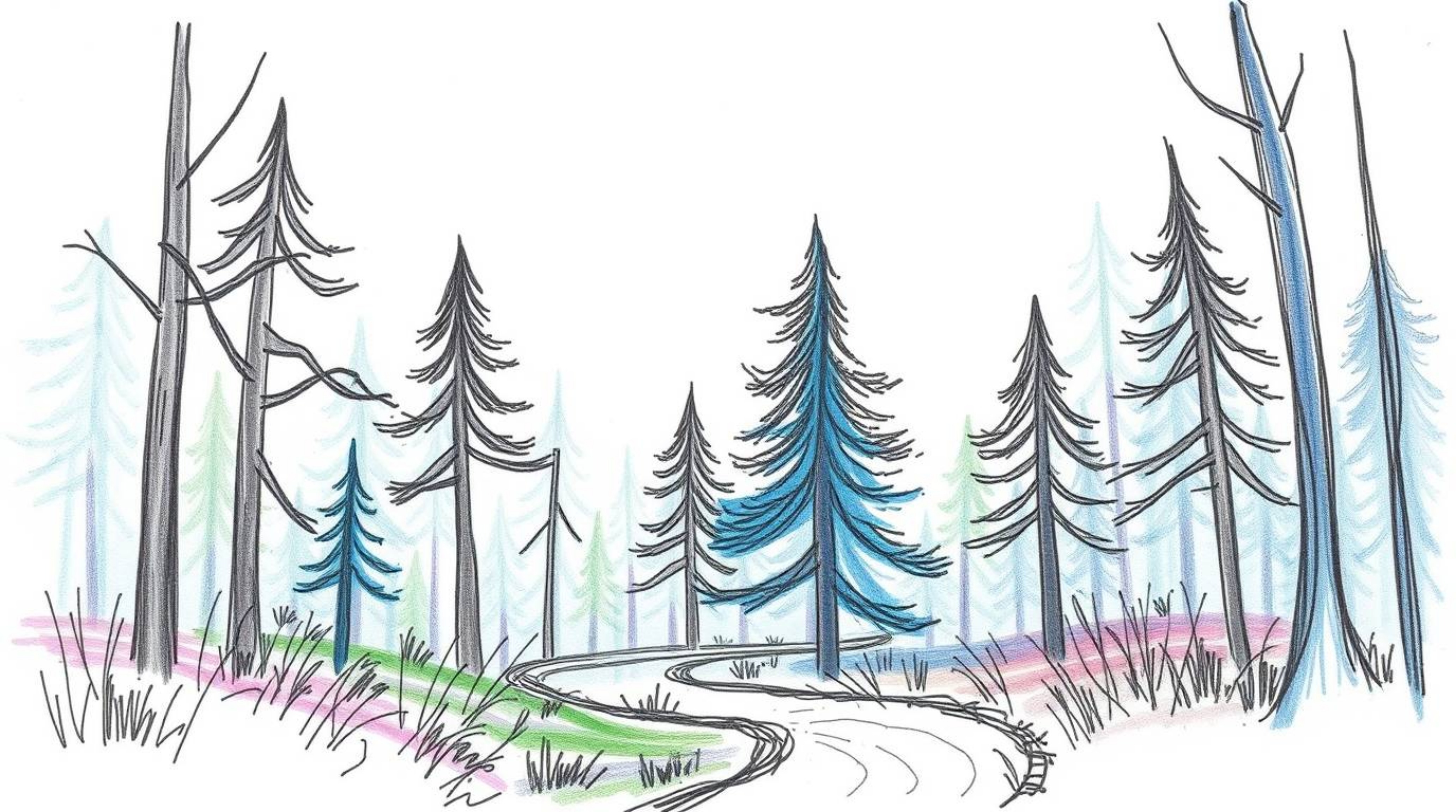 A captivating hand-drawn sketch depicting a thrilling chase through a mesmerizing looping forest background.  The illustratio