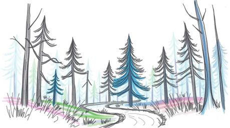 A captivating hand-drawn sketch depicting a thrilling chase through a mesmerizing looping forest background.  The illustratio