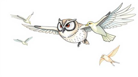 A heartwarming scene unfolds with a blind owl, depicted in a charming Pixar-inspired hand-drawn sketch, guiding birds in flig