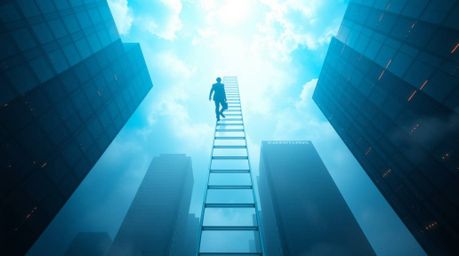 Explore the abstract concept of success with a businessperson climbing a transparent ladder into a dreamlike sky above skyscr