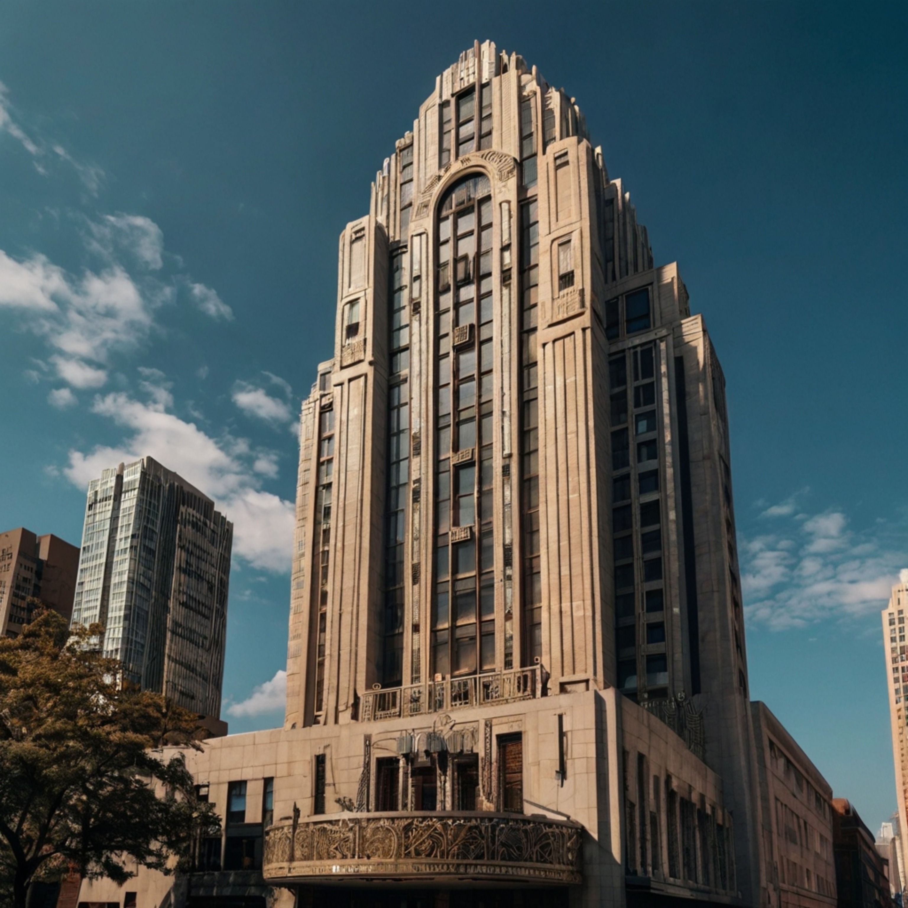 This elegant Art Deco skyscraper boasts intricate geometric patterns and a grand entrance, creating a striking visual stateme