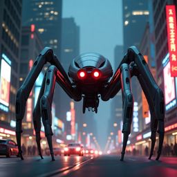 A colossal mechanical spider, a masterpiece of engineering with a body woven from silver and gray metallic plates, dominates 