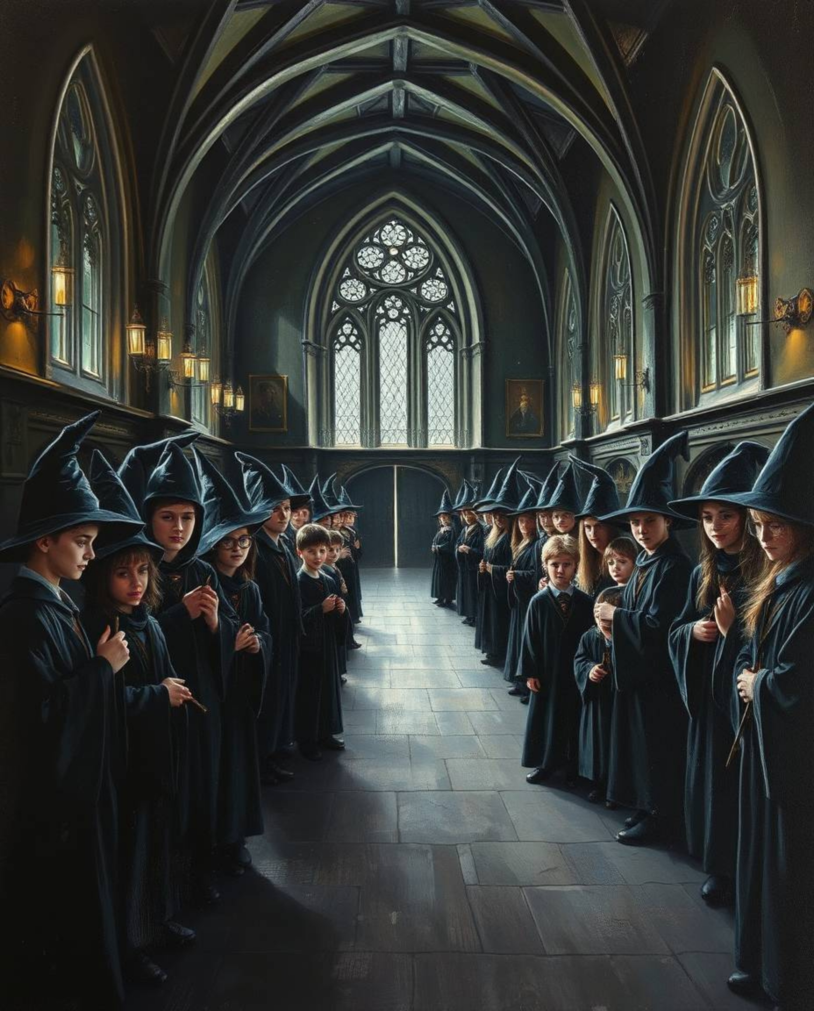 Discover a captivating oil painting depicting a magical school brimming with young wizards. Rendered in intense jet black wit