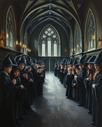 Discover a captivating oil painting depicting a magical school brimming with young wizards. Rendered in intense jet black wit
