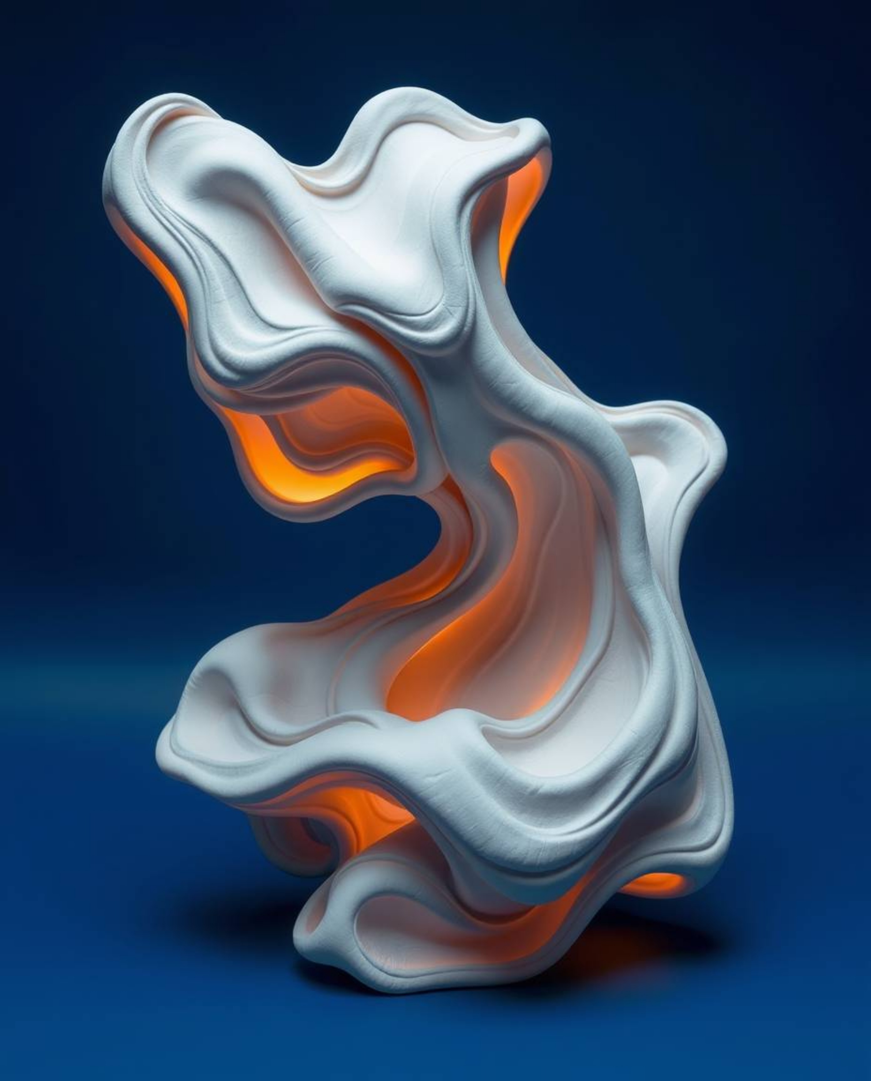 Explore the captivating world of sculptural clay art featuring futuristic 3D fluid shapes with mesmerizing glowing edges.  Se
