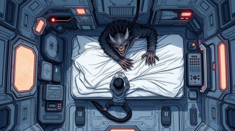 A captivating futuristic sci-fi illustration depicts an unlikely friendship between a child and a monster hiding under the be