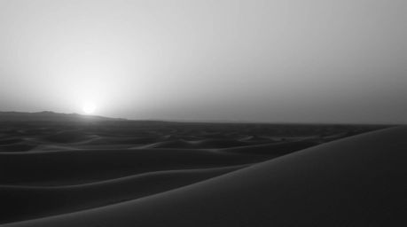 A stunning black and white photograph captures the timeless elegance of a sunset at the edge of a desert, where golden dunes 
