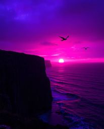 A wet, rainy sunset over a coastal cliff scene is dramatically rendered in deep ultraviolet hues. Soaring birds are visible a