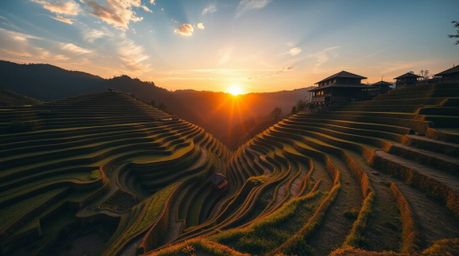 Capture the breathtaking beauty of a sunset over mountainous rice terraces in this precise architectural color photograph. Th