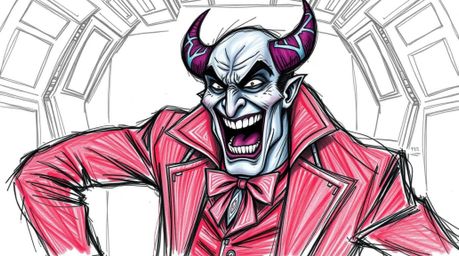 A whimsical hand-drawn sketch depicts a villain experiencing a hilarious breakdown within a sophisticated, high-tech lair.  T