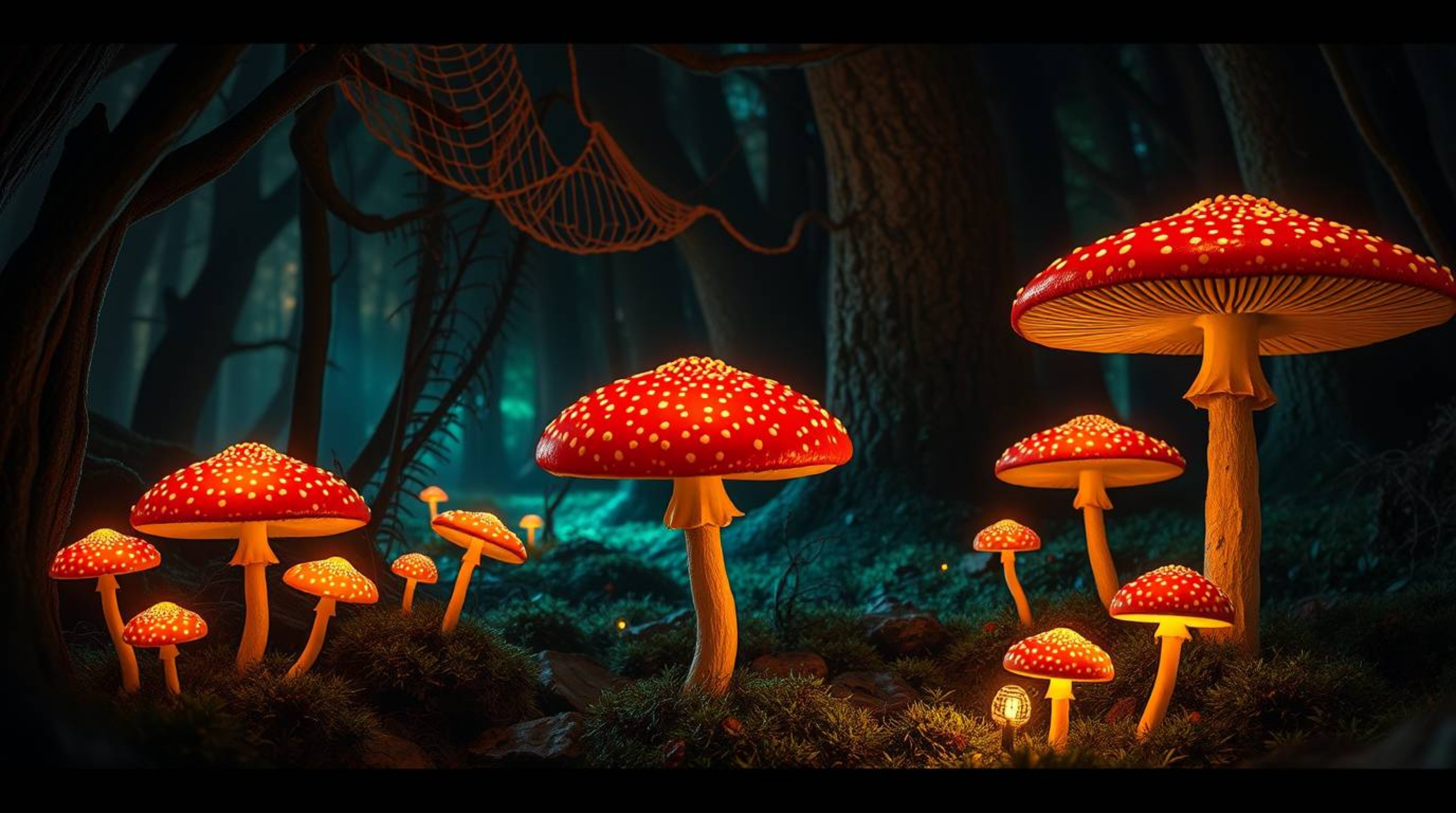 Immerse yourself in a vintage-style enchanted forest, illuminated by the ethereal glow of vibrant mushrooms. This scene featu