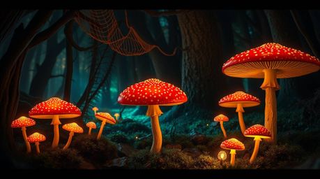 Immerse yourself in a vintage-style enchanted forest, illuminated by the ethereal glow of vibrant mushrooms. This scene featu