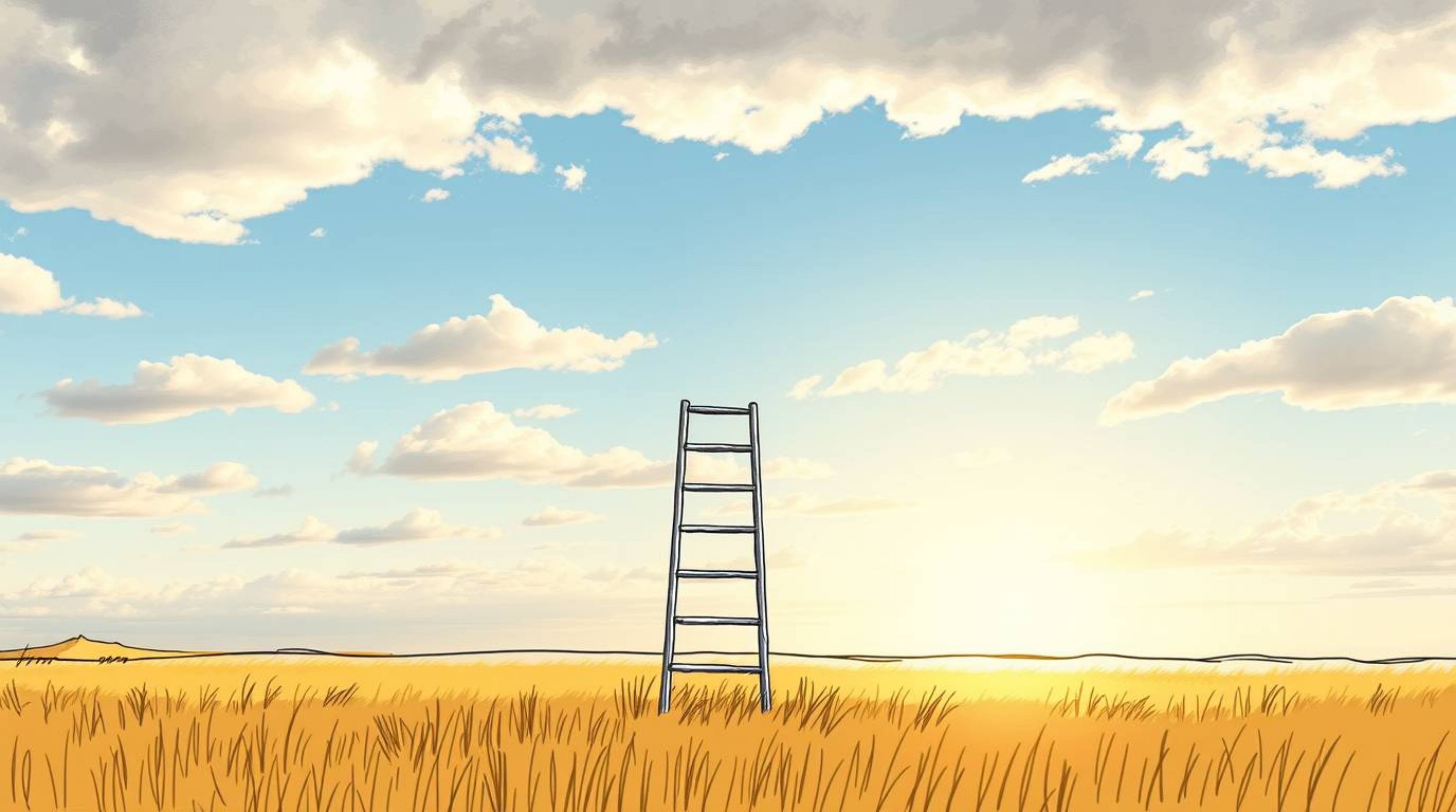 A hand-drawn sketch in a color sketchnote style depicts a minimalist scene: a silver ladder standing in an open field under a