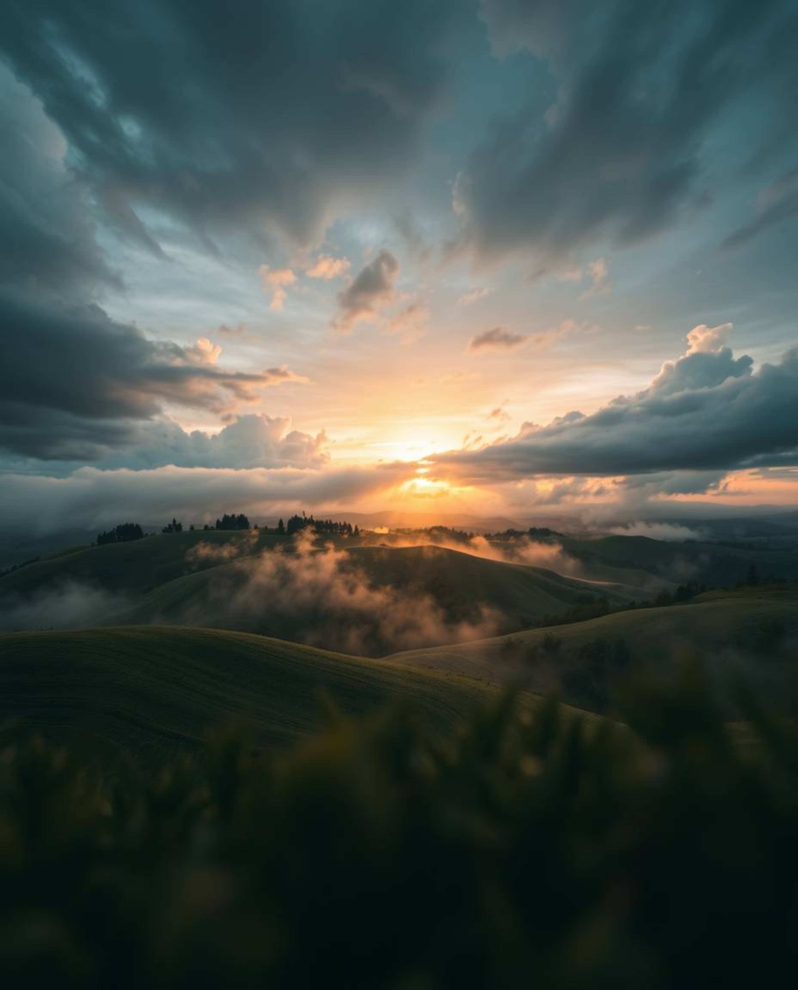 Extreme close-up of a Tuscany sunset: misty rolling hills, stormy skies, intense dramatic weather, small subject detail, high