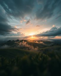 Extreme close-up of a Tuscany sunset: misty rolling hills, stormy skies, intense dramatic weather, small subject detail, high