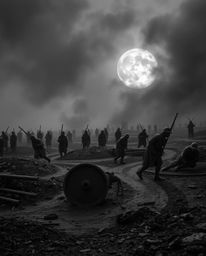 A classic black and white battlefield image presents a timeless scene filled with dark tones and eerie details. The image may