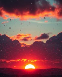 A dramatic, futuristic sci-fi film-style image captures snowflakes falling during a vibrant sunset. This visually intense sce