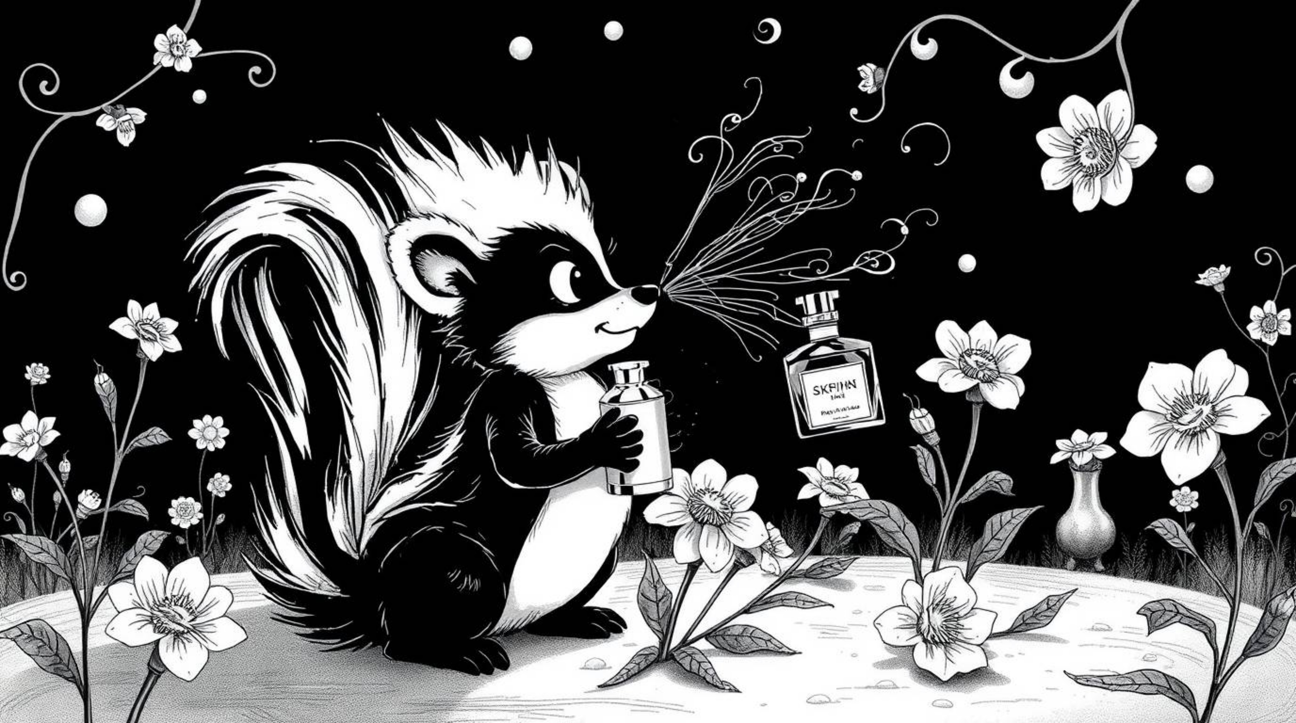 A classic black and white illustration showcases a cartoon skunk in a surreal and dreamlike environment, engaging in the whim