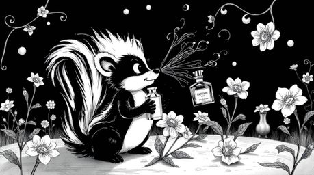 A classic black and white illustration showcases a cartoon skunk in a surreal and dreamlike environment, engaging in the whim