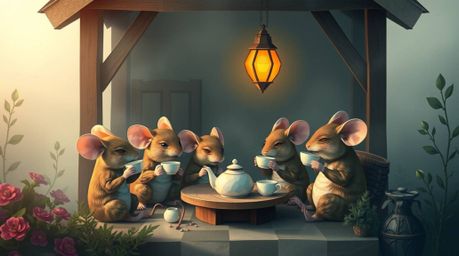 A captivating digital painting showcases anthropomorphic mice enjoying tea in a cozy cottage shrouded in thick fog.  Rendered