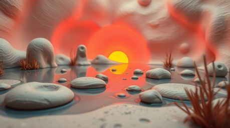 Discover breathtaking surreal sculptural clay art depicting a pond reflecting a vibrant sunset.  This piece features intricat