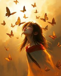 A dynamic digital sketch captures a radiant girl releasing butterflies into a misty, golden-lit scene. Loose painterly stroke