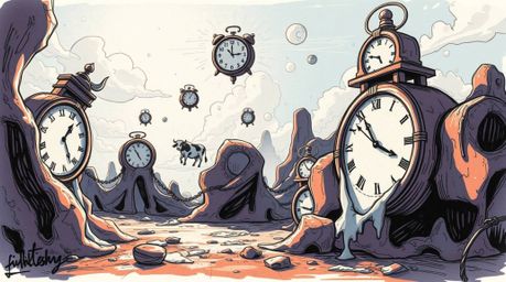 Explore a vibrant and surreal dreamscape brought to life with a hand-drawn sketchnote style. This artwork features melting cl