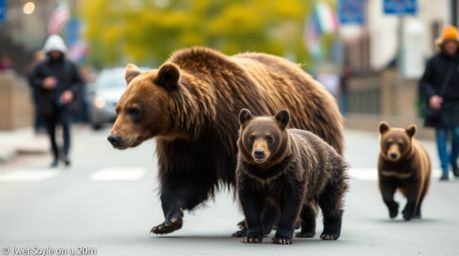 This image captures a heartwarming scene of a bear family embarking on an urban adventure, presented with a beautiful blurred