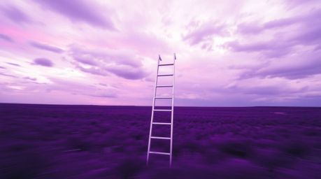A minimalist scene featuring a silver ladder in motion or standing in an open field under a cloudy sky. This dynamic composit