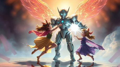 A graceful and elegant depiction showcasing three superpowered children engaged in a dynamic battle against a formidable robo