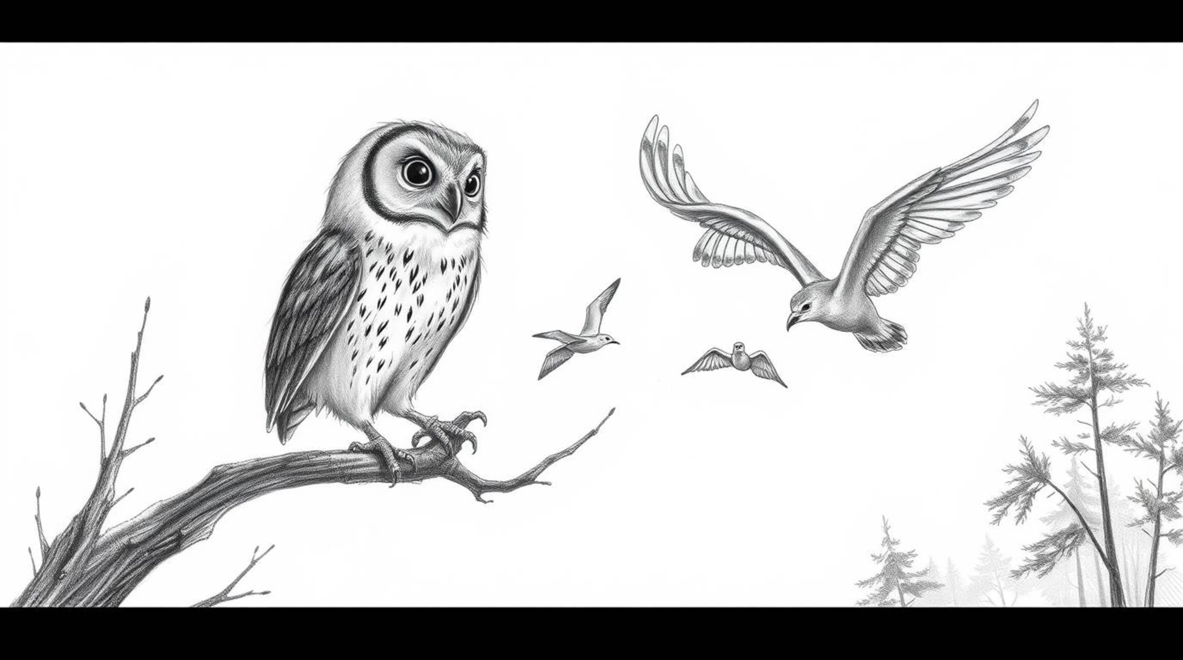 A captivating hand-drawn pencil sketch depicts a blind owl, detailed with textured strokes and a Pixar aesthetic, patiently t
