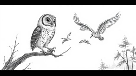 A captivating hand-drawn pencil sketch depicts a blind owl, detailed with textured strokes and a Pixar aesthetic, patiently t