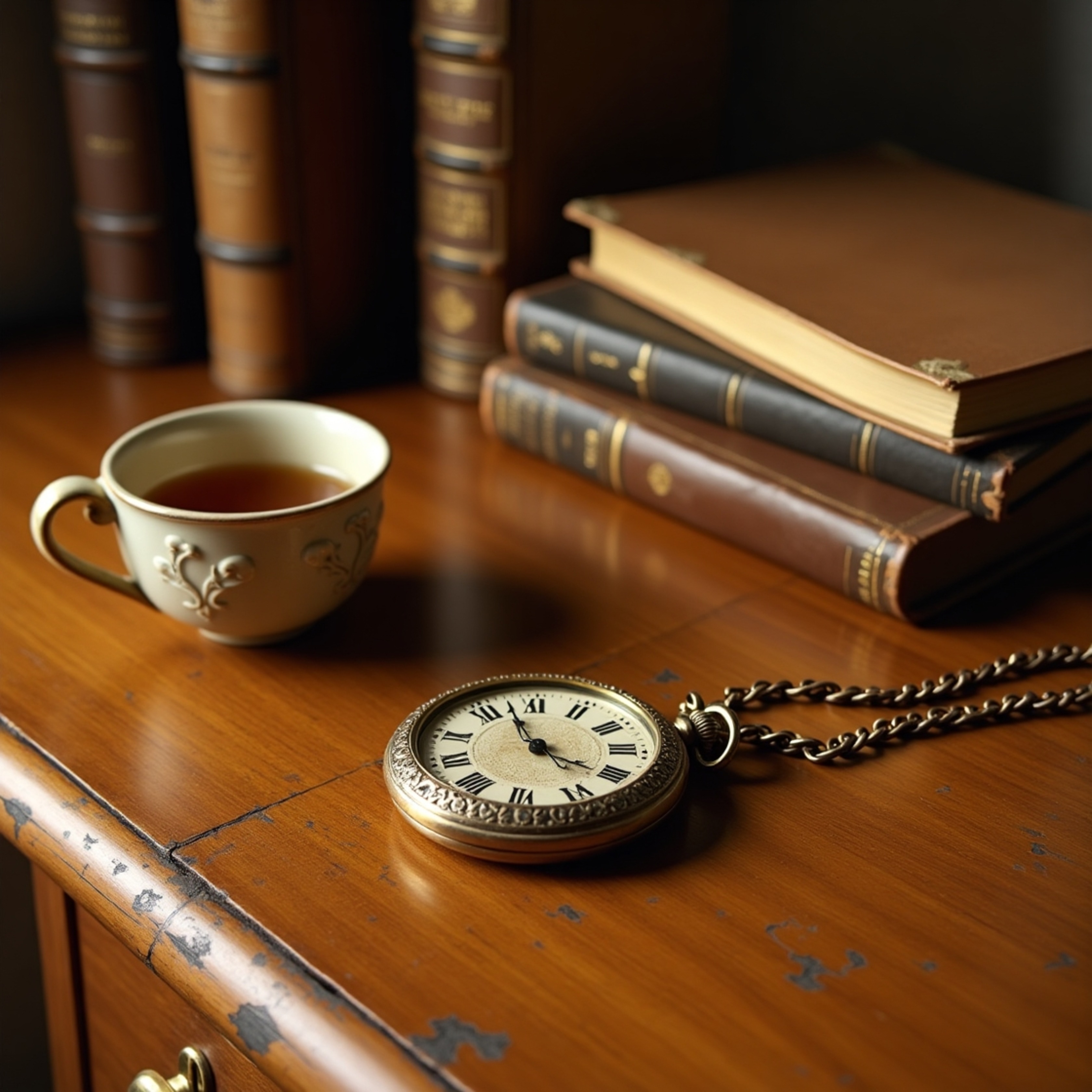 Capture the essence of nostalgia with this vintage table setting. A honey-brown wooden table, marked with character, showcase