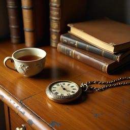 Capture the essence of nostalgia with this vintage table setting. A honey-brown wooden table, marked with character, showcase