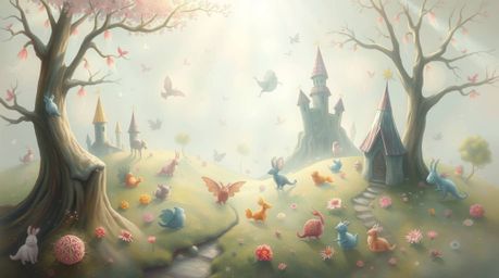 Immerse yourself in a soft and dreamy painting of a fantasy kingdom, brought to life with quirky magical creatures. This artw