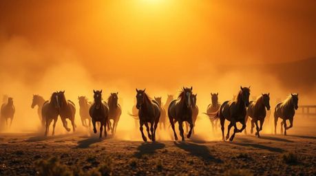 Experience the raw beauty of a herd of wild horses thundering across the plains beneath a breathtaking, glowing sky. Volumetr