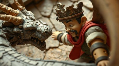 A charming, high-angle view of a layered papier-mâché prince battling a dragon in a vibrant 1950s animation style.  The artwo