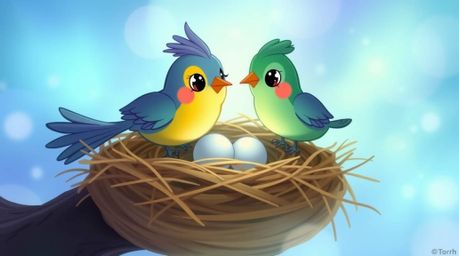 A captivating animation depicting two cartoon birds constructing a nest in a classic style. The scene evokes a mystical and