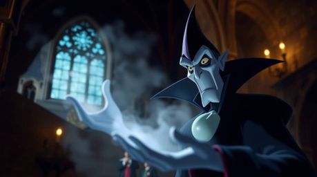 A captivating digital painting depicts a classic Disney villain with sharp features, casting a spell within an ancient castle