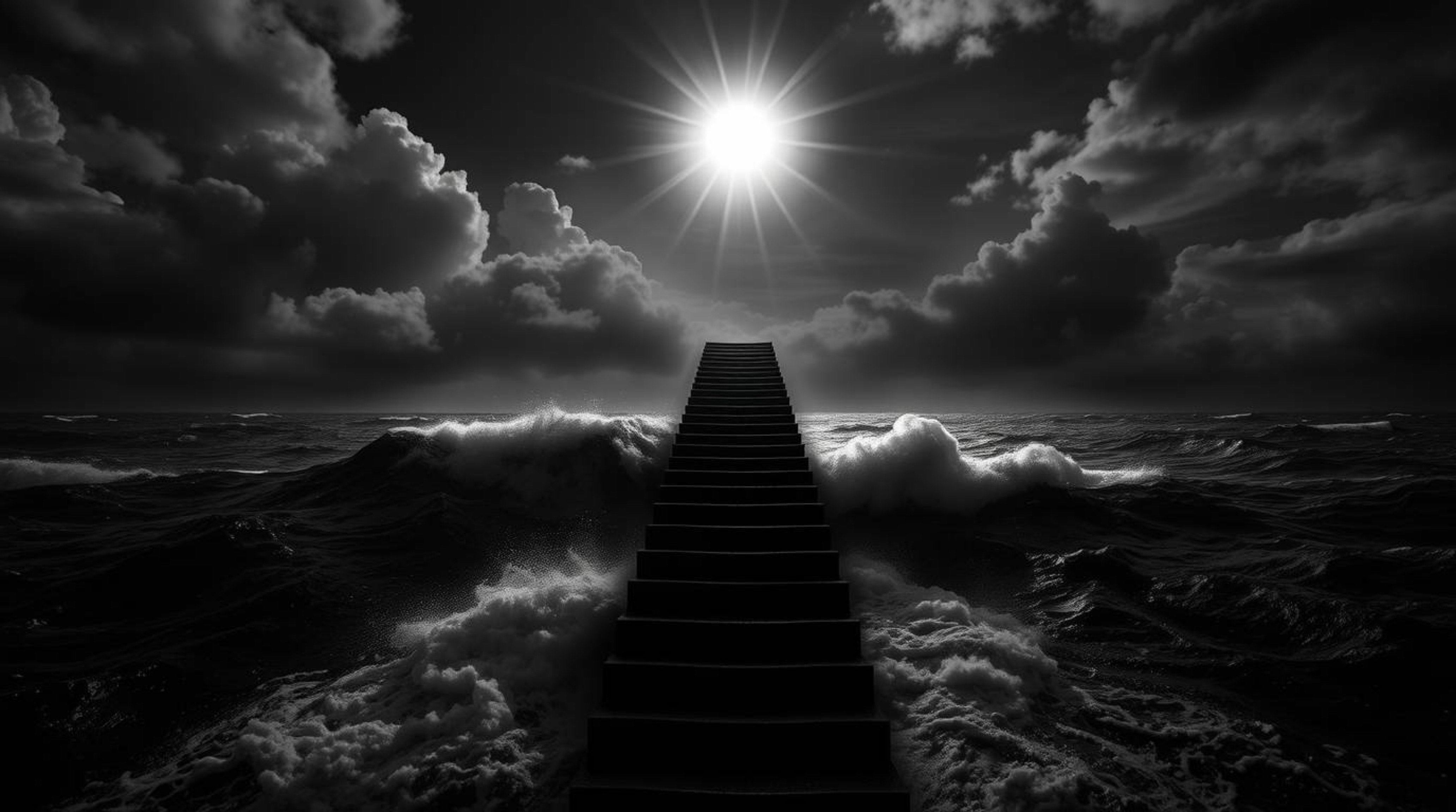 A striking black and white image depicts a dramatic staircase rising from a turbulent ocean towards a sky illuminated by a di