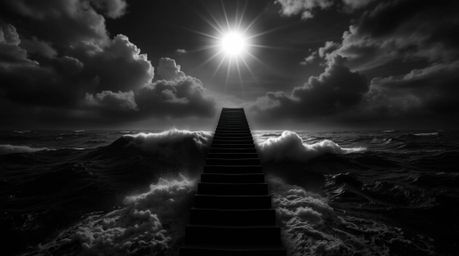 A striking black and white image depicts a dramatic staircase rising from a turbulent ocean towards a sky illuminated by a di