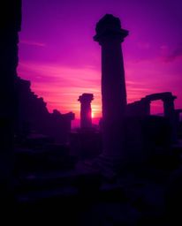 With deep ultraviolet hues and an ethereal, spiritual vibe, this scene depicts a sunset casting shadows through ancient stone