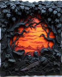 A layered papier-mâché artwork portrays a creepy sunset scene viewed through a dense jungle canopy. The piece is defined by i