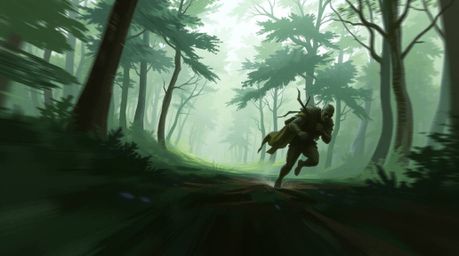 Experience a dynamic digital sketch depicting a thrilling chase through a looping forest. This atmospheric fantasy scene util