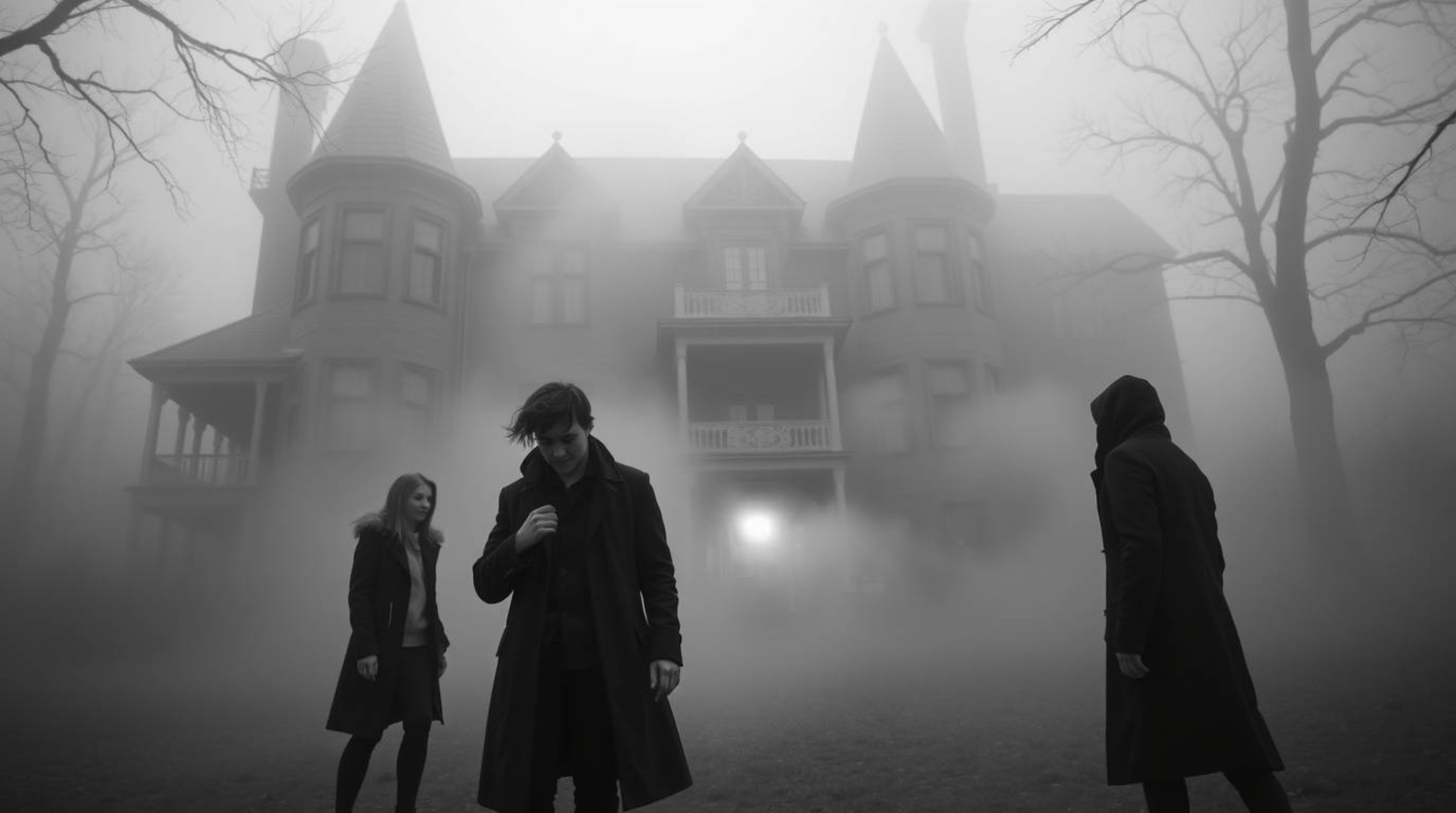 A captivating black and white photograph depicts a group of teenagers unraveling mysteries within a fog-shrouded haunted mans