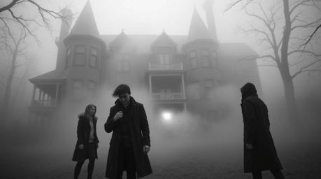 A captivating black and white photograph depicts a group of teenagers unraveling mysteries within a fog-shrouded haunted mans