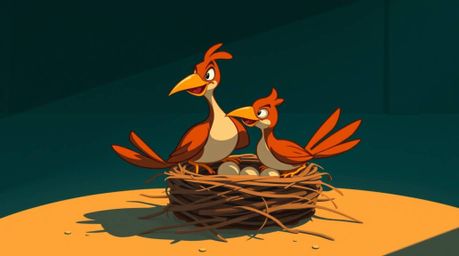 A captivating animation showcasing two cartoon birds meticulously constructing a nest. Rendered in a classic animation style