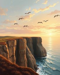 This is a naturalistic style painting of a coastal cliff sunset, complete with soaring birds. The artwork is characterized by