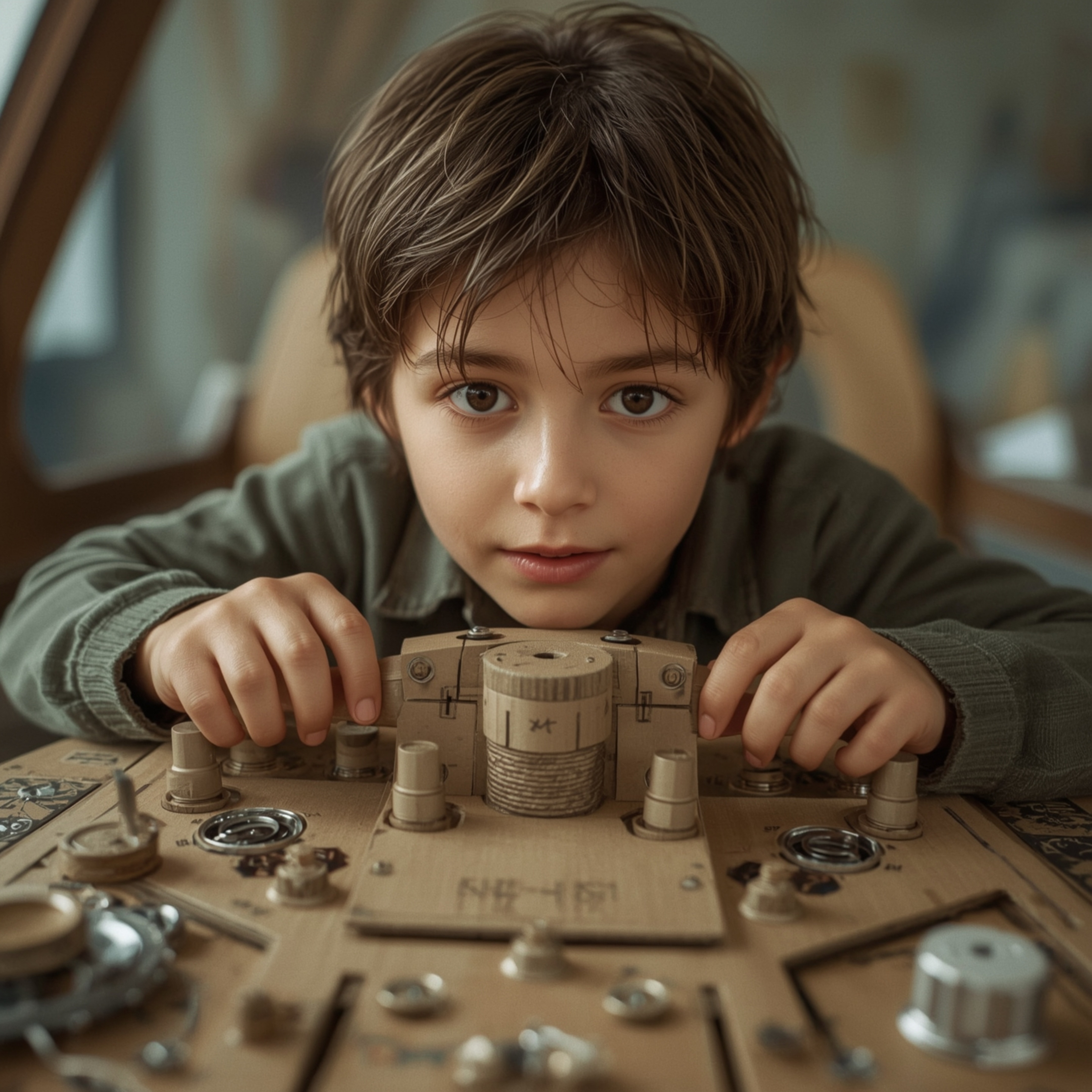 Exquisite high-fashion photography captures a young boy with bright eyes and a curious expression building a remarkably detai