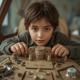 Exquisite high-fashion photography captures a young boy with bright eyes and a curious expression building a remarkably detai